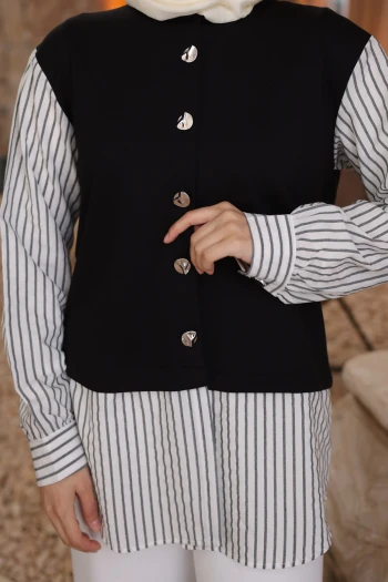 Siyah Kol Ve Etek Gömlek Garnili Modal Sweat