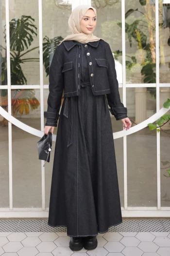 Siyah Kot Ceket Elbise İkili Kombin Takım