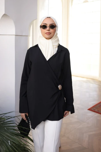 Siyah Kruvaze Yaka Bel Detaylı Tunik
