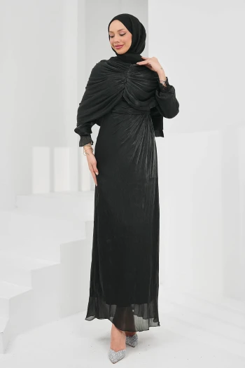 Siyah Önü Drapeli Seyyar Pelerinli Abiye