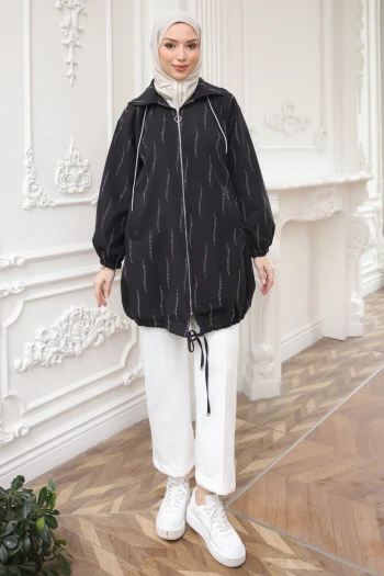 Siyah Taş İşlemeli Fermuarlı Kap