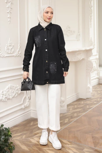 Siyah Taşlı Cepli Kot Ceket