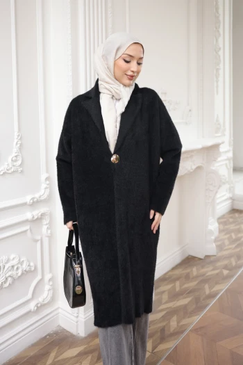 Siyah Tek Düğmeli Angora Yumoş Triko Hırka