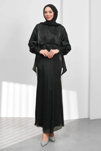 Siyah Yarasa Kol  Katlı Janjan Abiye