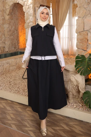 Siyah Yelek Gömlek Etek Üçlü Takım