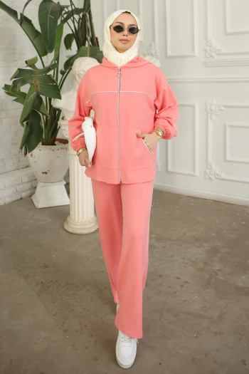 Somon Kapüşonlu Fermuarlı Sweat Hırka Pantolonlu Takım
