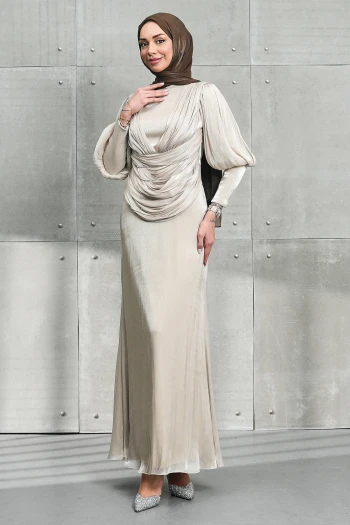 Taş Beli Zincir Detaylı Drapeli Janjan Abiye