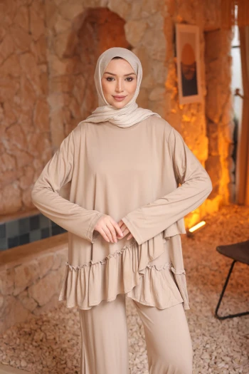 Taş Eteği Fırfırlı Tunik Pantolonlu Modal Takım