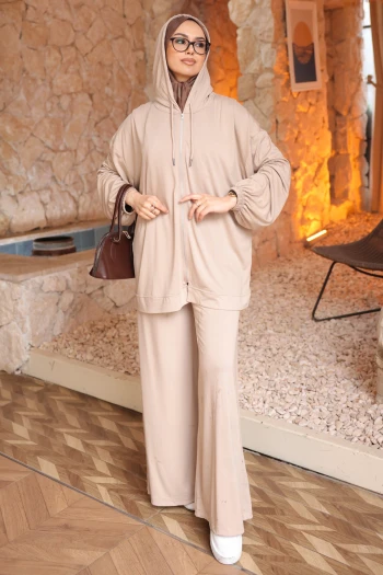 Taş Fermuarlı Kapüşonlu Tunik Pantolonlu Modal Takım