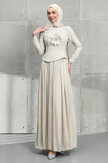 Taş Papatya Detaylı Eteği Pliseli Taşlı Abiye