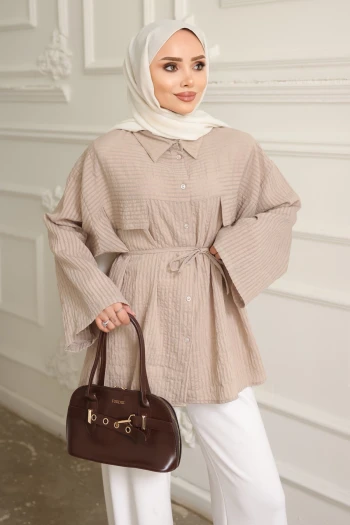 Vizon Çizgili Oversize İp Bağlamalı Gömlek