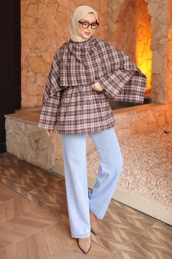 Vizon Ekose Desen Bel Bağlamalı Şal Detay Tunik