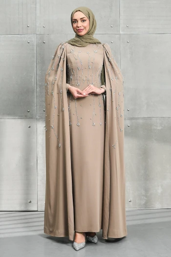 Vizon Kolları Pelerinli Taşlı Abiye