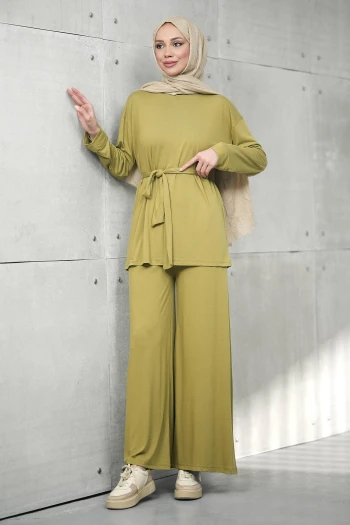 Yağ Yeşili Bel Bağlamalı Tunik Pantolonlu Modal Takım