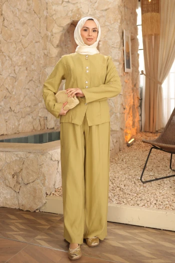 Yağ Yeşili Düğmeli Ceket Pantolonlu Takım