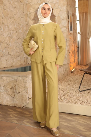 Yağ Yeşili Düğmeli Ceket Pantolonlu Takım