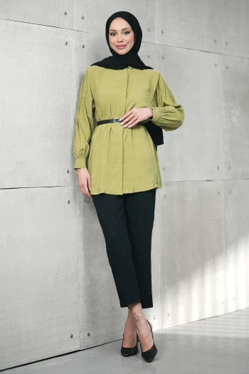 Yağ Yeşili Gizli Patlı Belden Kemerli Modal Dokuma Tunik