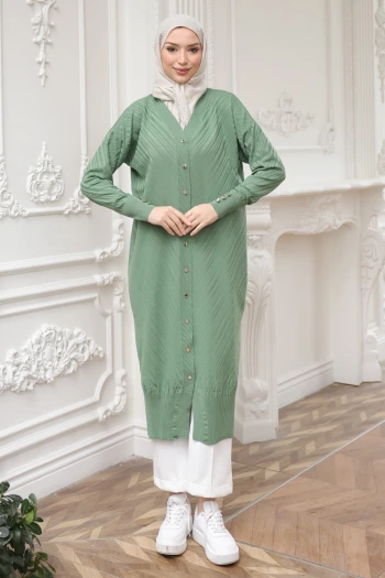 Yeşil Soğuk İplik Düğmeli Triko Hırka