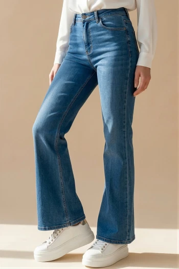 Açık Mavi Yüksek Bel İspanyol Paça Jeans Pantolon