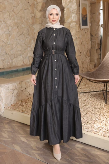 Antrasit Bel Kemerli Düğmeli Kot Elbise