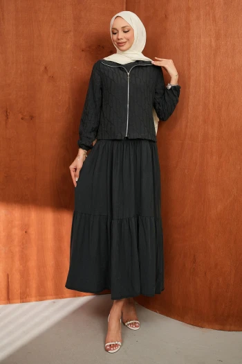 Antrasit Fermuarlı Ceket Eteği Katlı Jile Takım