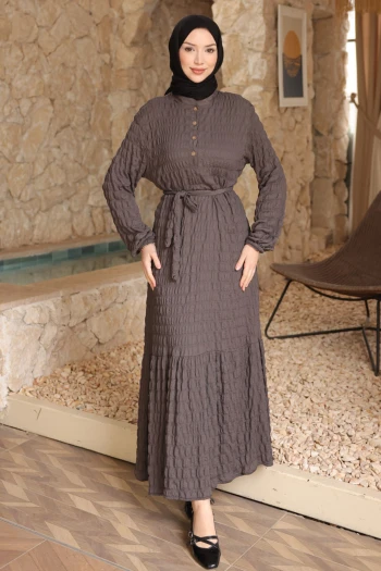Antrasit Kol Lastikli Düğmeli Bel Bağlamalı Gofre Elbise