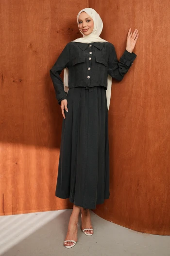 Antrasit Kot Ceket Elbise İkili Kombin Takım