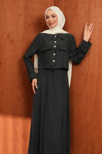 Antrasit Kot Ceket Elbise İkili Kombin Takım