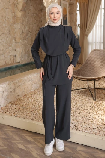 Antrasit Omuz Düğmeli Bel Kuşaklı Pantolonlu Takım