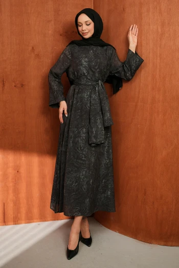 Antrasit Şallı Desenli Elbise