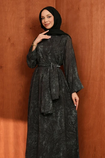 Antrasit Şallı Desenli Elbise