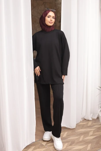 Antrasit Yanı Yırtmaçlı Tunik Pantolonlu Takım