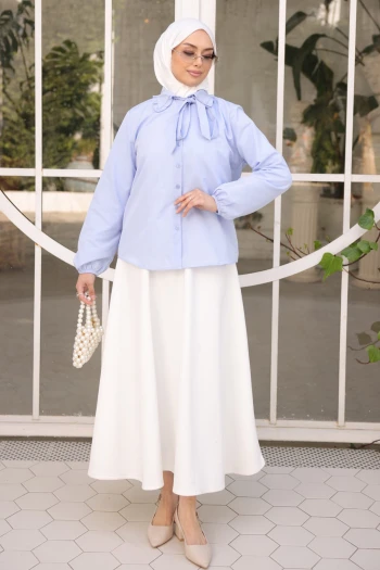 Bebe Mavi Bebe Yaka Kol Lastikli Düğmeli Gömlek