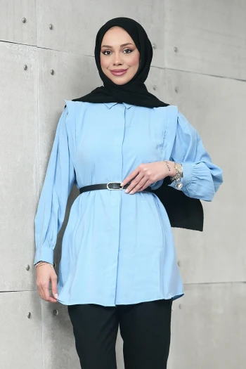 Bebe Mavi Gizli Patlı Belden Kemerli Modal Dokuma Tunik