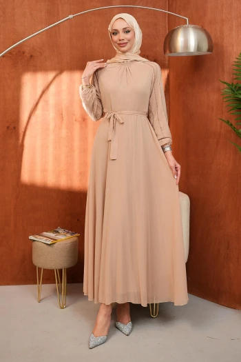 Bej Bel Kuşaklı Taş İşlemeli Abiye