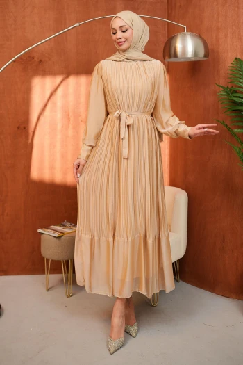 Bej Bel Kuşaklı Tül Detaylı Elbise