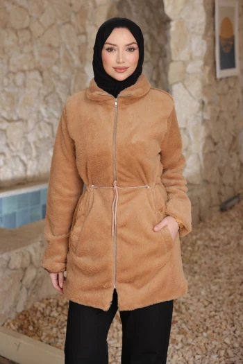 Bej Beli İpli Flato Cepli Fermuarlı Peluş Mont
