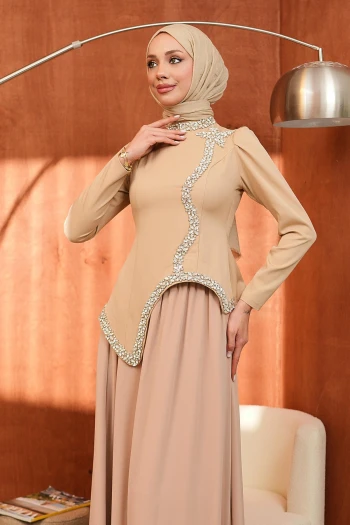Bej Eteği Şifon İkili Abiye Takım