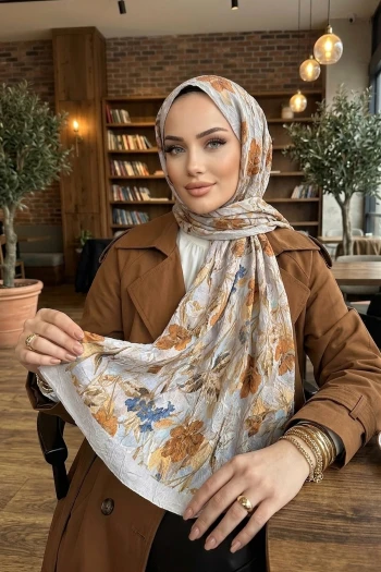 Bej İpekhan Desenli Kraş Şal