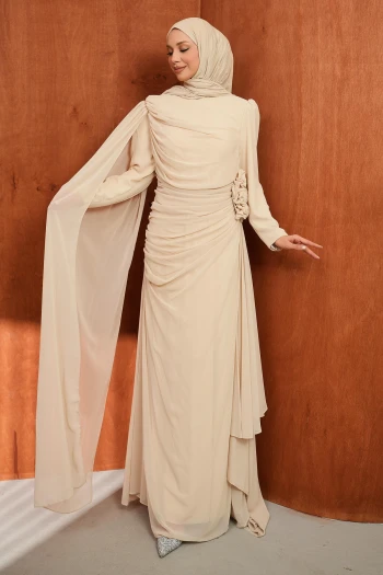 Bej Önü Drapeli Büyük Beden Abiye