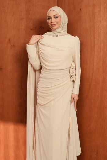 Bej Önü Drapeli Büyük Beden Abiye