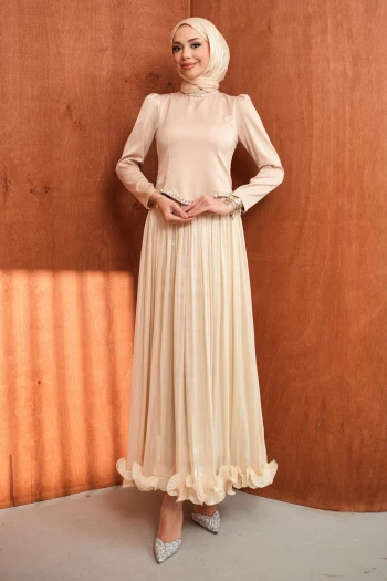 Bej Taş Detaylı Üstü Saten Piliseli Abiye