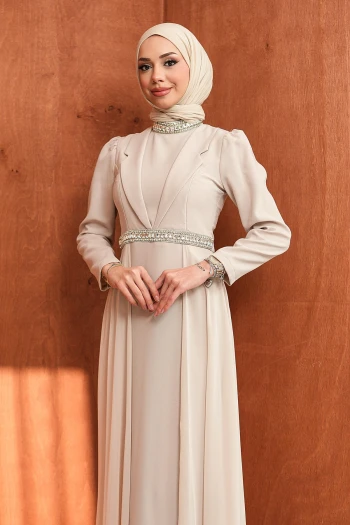 Bej Yaka Detaylı Taşlı Abiye