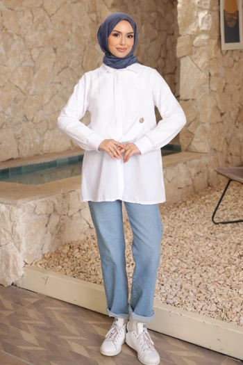 Beyaz Düğmeli Ön Detaylı Tunik