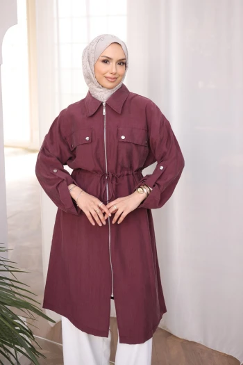 Bordo Bel Kuşaklı Çift Cepli Gabria Kap