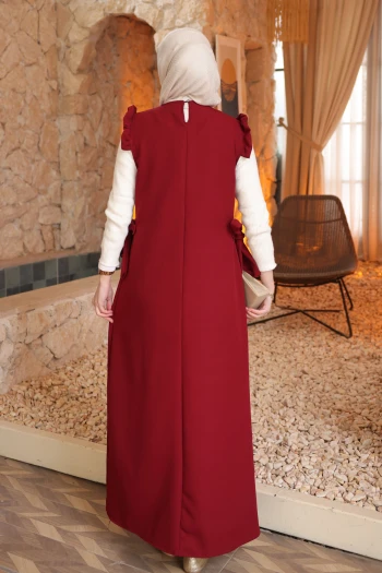 Bordo Bel Kuşaklı Kolları Fırfırlı Elbise