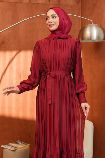 Bordo Bel Kuşaklı Tül Detaylı Elbise