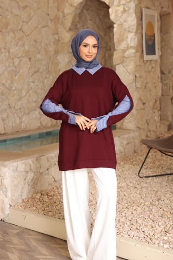 Bordo Çizgili Dokuma Modal Garnili Tunik