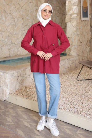 Bordo Düğmeli Ön Detaylı Tunik