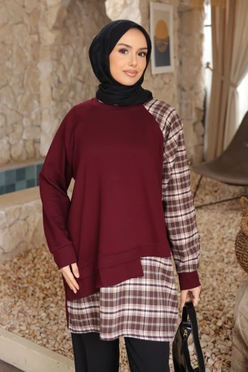 Bordo Ekose Garnili Modal Tunik